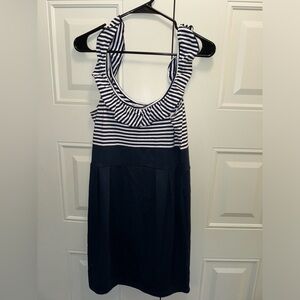 Off shoulder navy and white dress